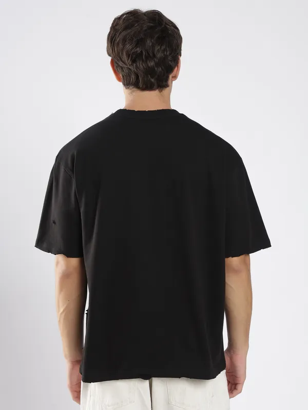Jet_Black_Cotton_Shredded_T_Shirt_For_Men