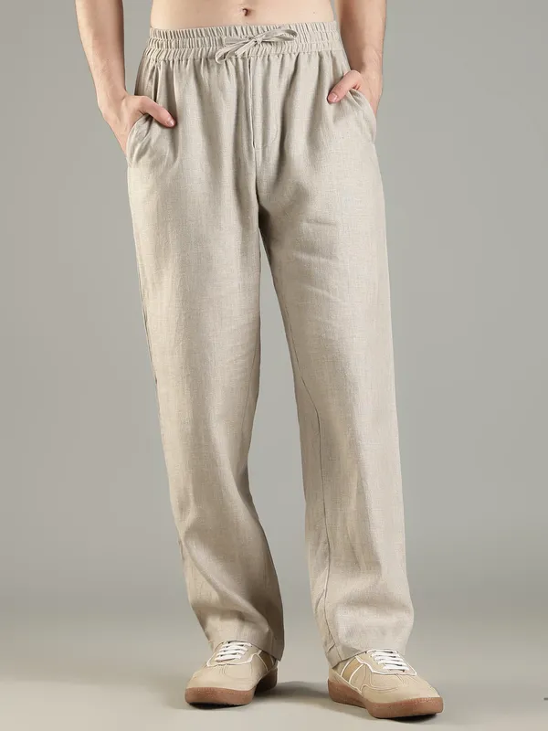Light_Beige_Pure_Linen_Linen_Drawstring_Trousers_For_Men