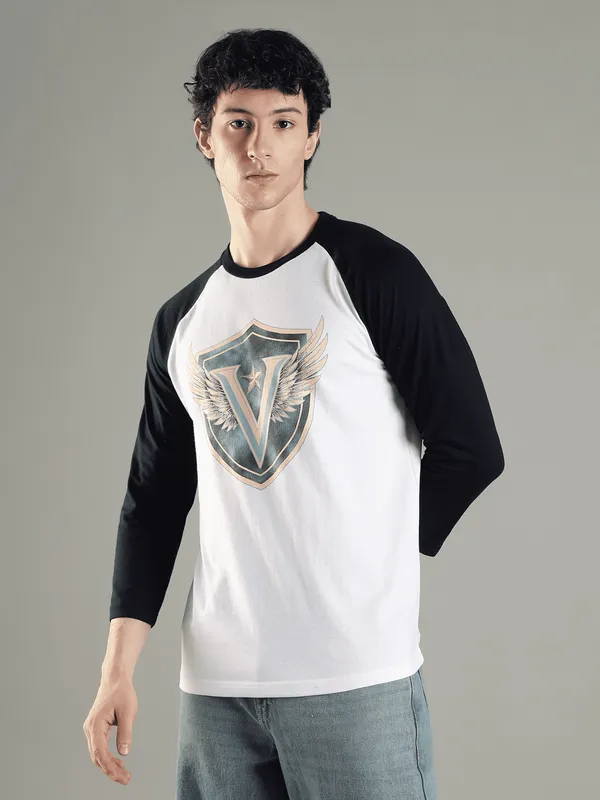 Off_White_And_Blue_Polyster_Cotton_Reg_Fit_Raglan_Winged_Shield_Tee_For_Men