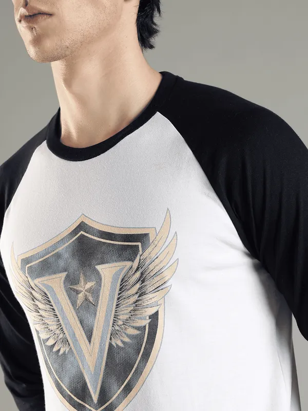 Off_White_And_Blue_Polyster_Cotton_Reg_Fit_Raglan_Winged_Shield_Tee_For_Men