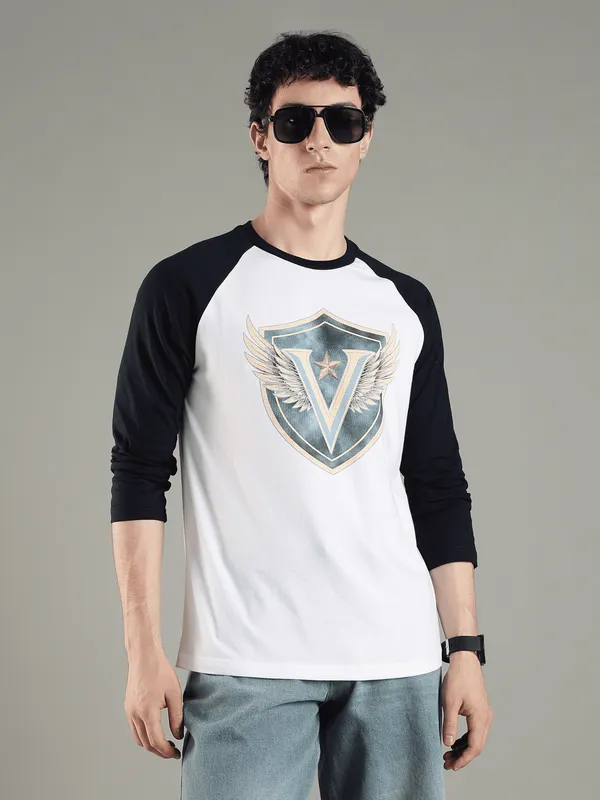 Off_White_And_Blue_Polyster_Cotton_Reg_Fit_Raglan_Winged_Shield_Tee_For_Men