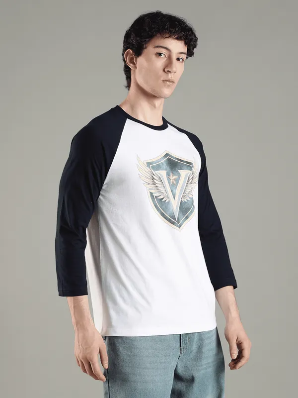 Off_White_And_Blue_Polyster_Cotton_Reg_Fit_Raglan_Winged_Shield_Tee_For_Men