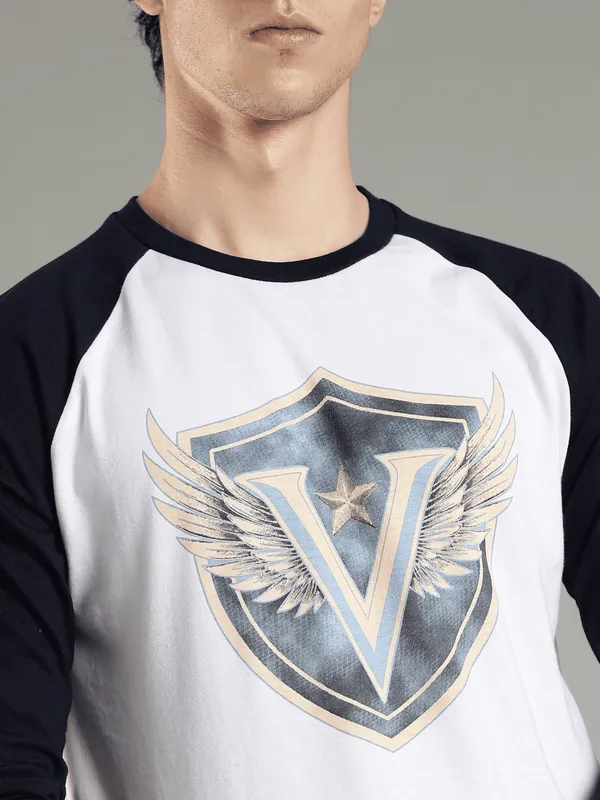 Off_White_And_Blue_Polyster_Cotton_Reg_Fit_Raglan_Winged_Shield_Tee_For_Men