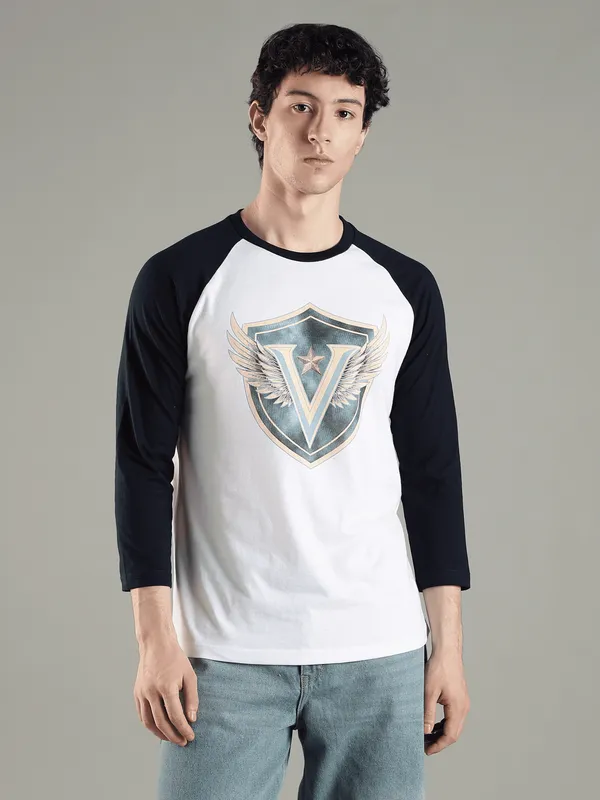 Off_White_And_Blue_Polyster_Cotton_Reg_Fit_Raglan_Winged_Shield_Tee_For_Men