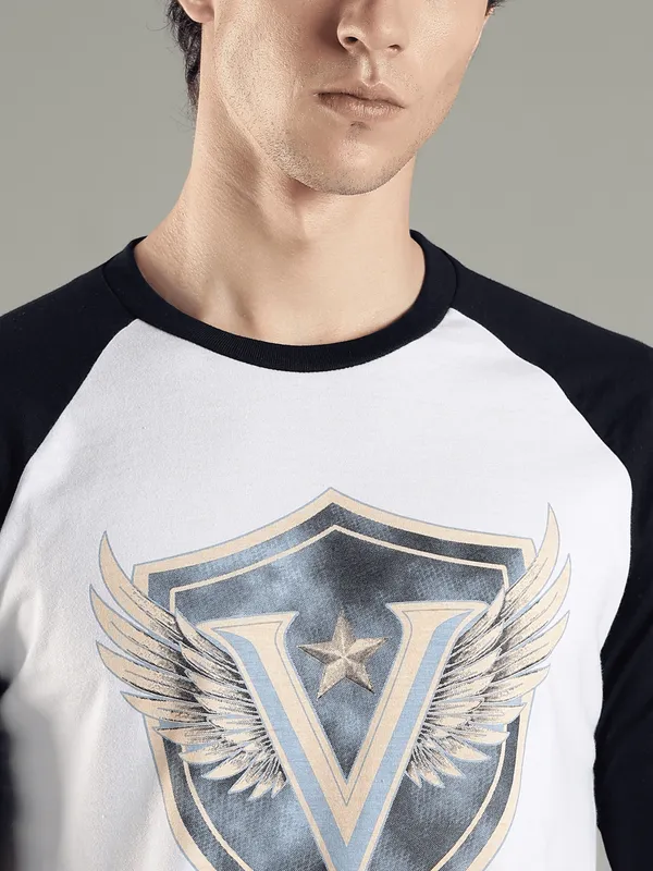 Off_White_And_Blue_Polyster_Cotton_Reg_Fit_Raglan_Winged_Shield_Tee_For_Men