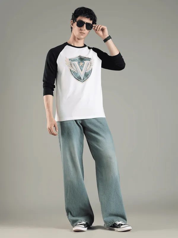 Off_White_And_Blue_Polyster_Cotton_Reg_Fit_Raglan_Winged_Shield_Tee_For_Men