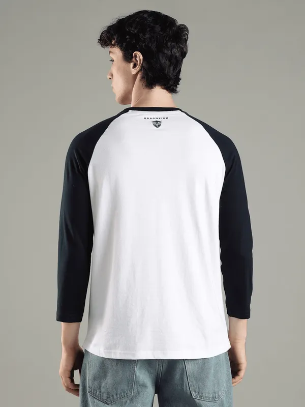 Off_White_And_Blue_Polyster_Cotton_Reg_Fit_Raglan_Winged_Shield_Tee_For_Men