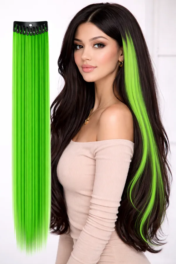 100%_Indian_Natural_Human_Clip_In_Color_Streaks_For_Women_(Green)_Single_Clip_Hair_Extension