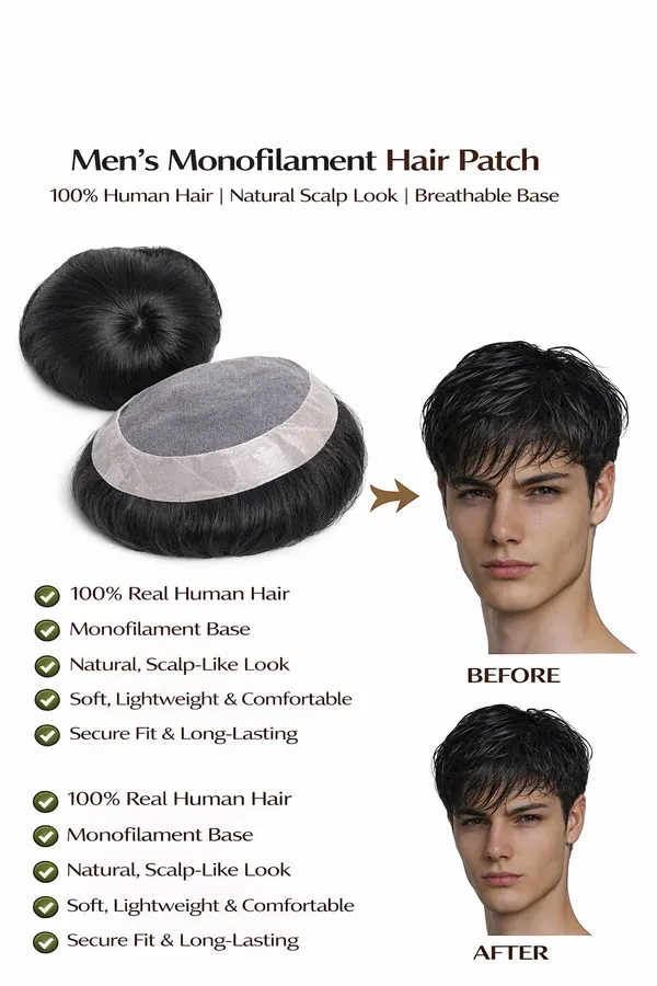 1_Look_Hair_Extension_Men’S_Monofilament_Hair_Patch_100%_Human_Hair_|_Natural_Scalp_Look_Toupee_|_Breathable_Base_Hair_System_For_Baldness_&_Thinning_Hair