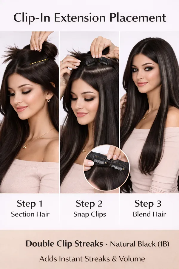 1_Look_Hair_Extension-Double_Clip_100%_Human_Hair_Extensionsn_Streaks_For_Women_and_Girls,_Hair_Extension