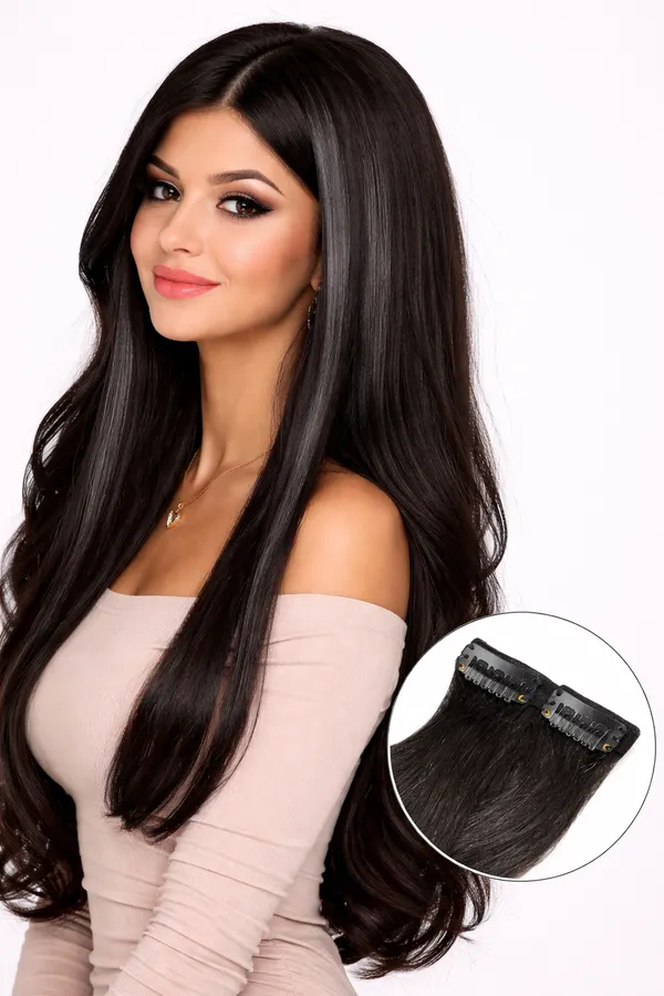 1_Look_Hair_Extension-Double_Clip_100%_Human_Hair_Extensionsn_Streaks_For_Women_and_Girls,_Hair_Extension