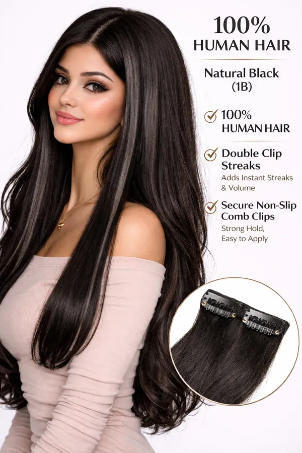 1_Look_Hair_Extension-Double_Clip_100%_Human_Hair_Extensionsn_Streaks_For_Women_and_Girls,_Hair_Extension