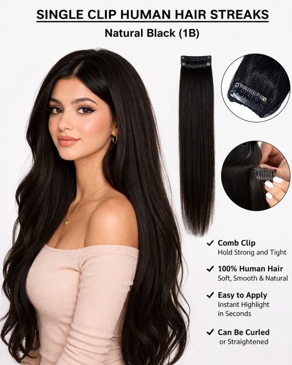 1_Look_Hair_Extension-Single_Clip-In_Hair_Streak_Extension_–_Natural_Black_(1B)_100%_Human_Hair