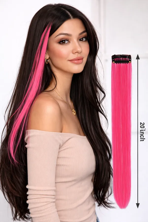 1_Look_Hair_Extension_100%_Indian_Natural_Human_Clip_In_Color_Streaks_For_Women_(Pink)_Single_Clip_Hair_Extension_