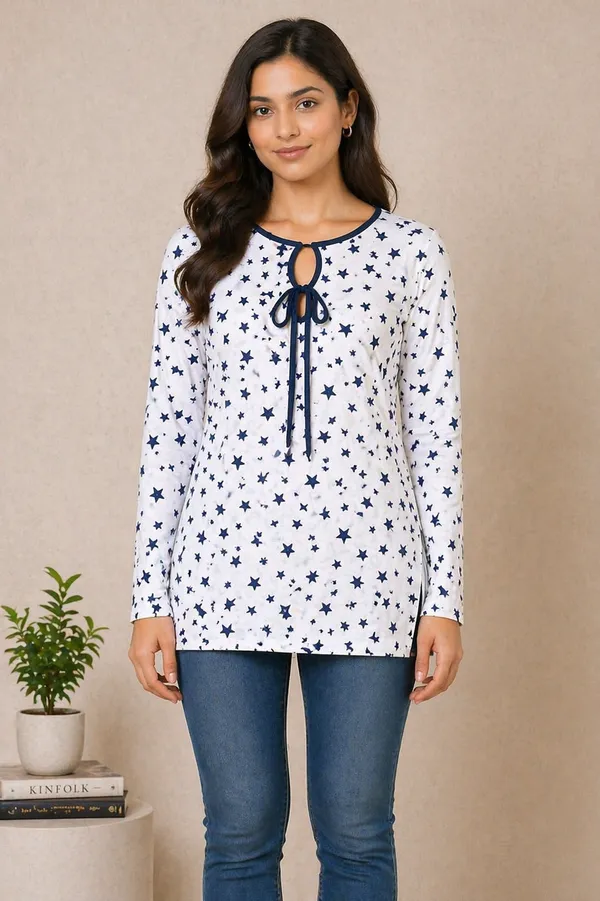 White_Star_Print_Long_Sleeve_Top_For_Women