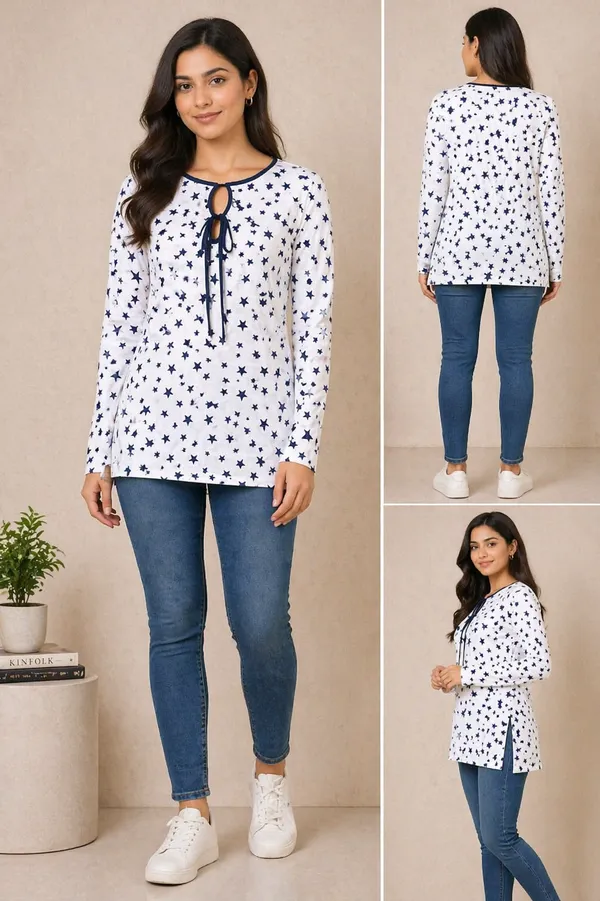 White_Star_Print_Long_Sleeve_Top_For_Women