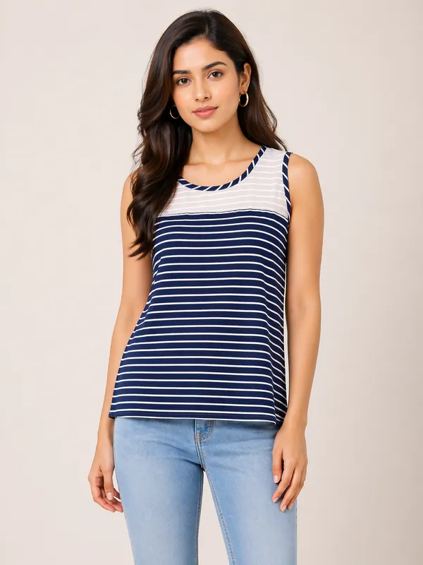 Navy_Blue_White_Striped_Sleeveless_T_Shirt_For_Women