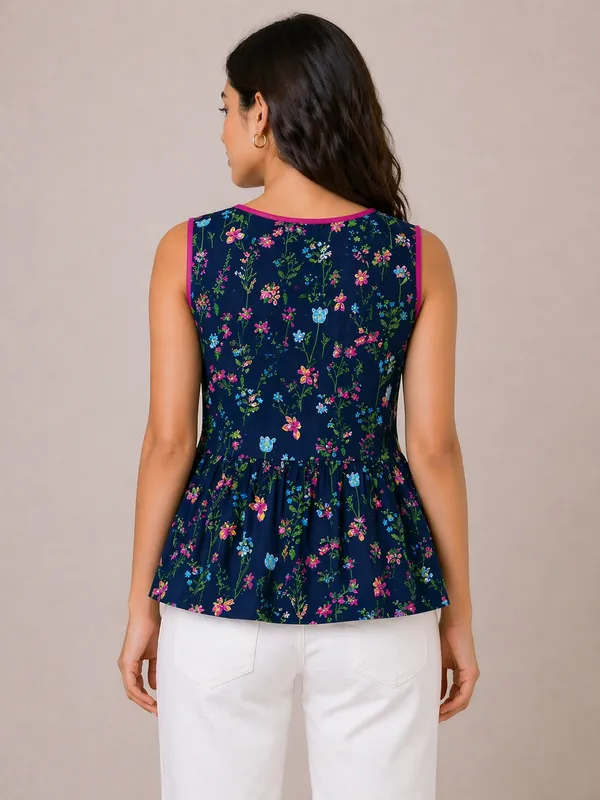 Navy_Blue_Floral_Print_Sleeveless_Peplum_Top_For_Women
