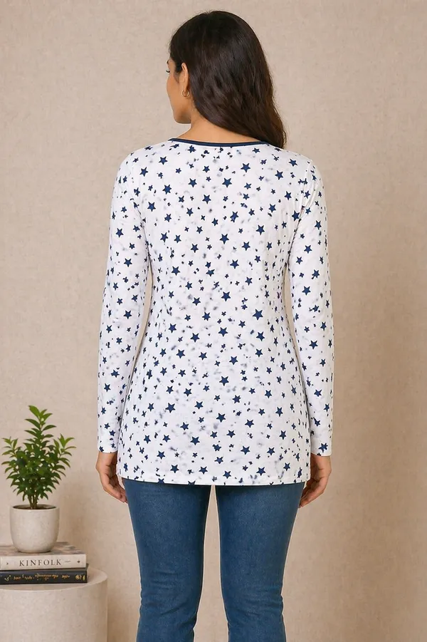 White_Star_Print_Long_Sleeve_Top_For_Women