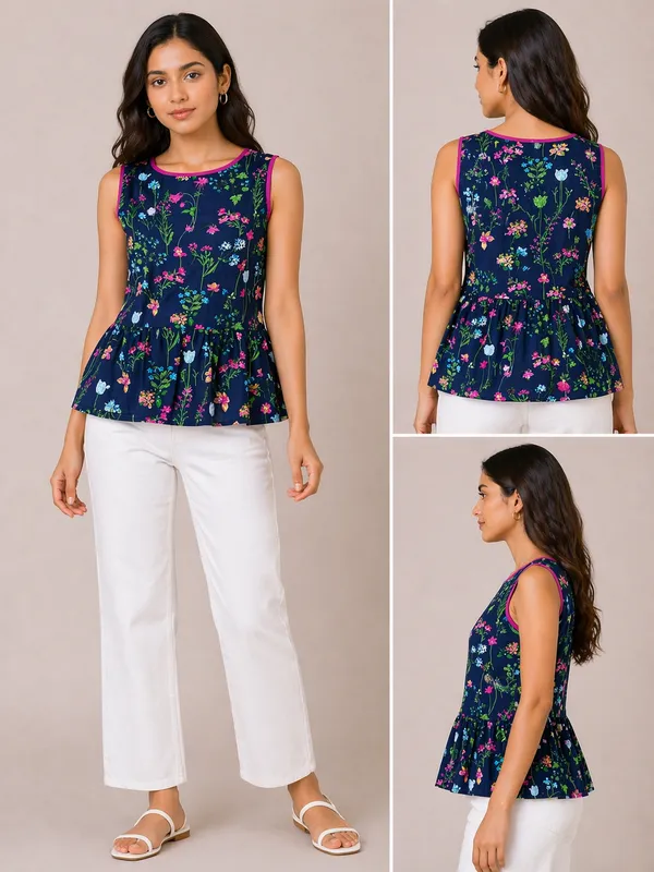 Navy_Blue_Floral_Print_Sleeveless_Peplum_Top_For_Women