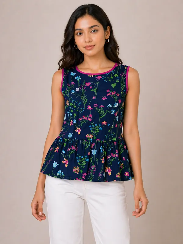 Navy_Blue_Floral_Print_Sleeveless_Peplum_Top_For_Women