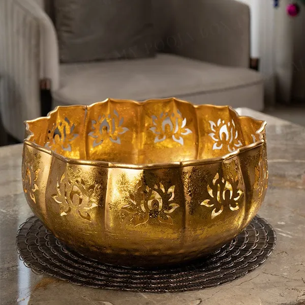 Gold_Handcraftedmetal_Lotus_Bowl_Decorative_Pooja_Thali_With_Cutwork_Design
