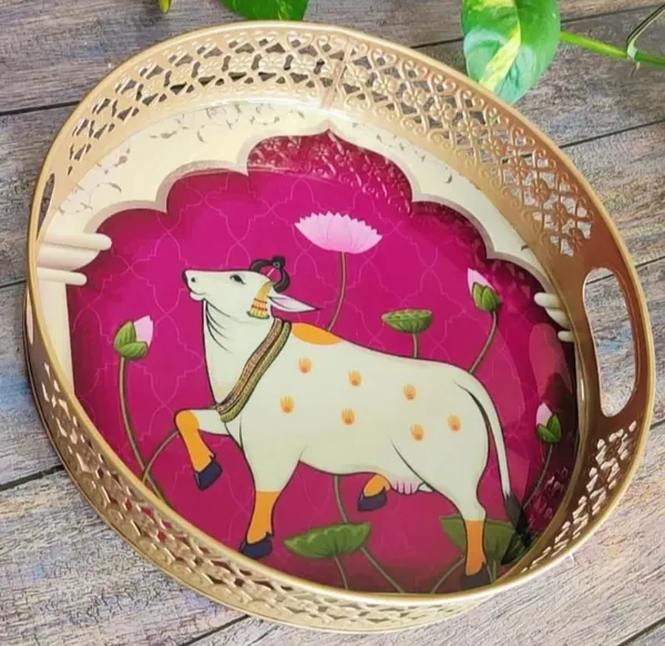 Gold_Decorative_Brass_Tone_Serving_Tray_Set_With_Cow_And_Lotus_Motif