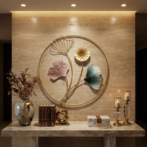 Gold_Metal_Wall_Art_Ginkgo_Leaf_Floral_Design_In_Circularframe