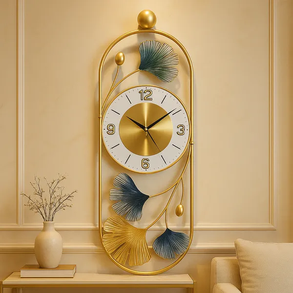 Gold_And_Silver_Ginkgo_Leaf_Wall_Clock_With_Decorative_Metal_Frame