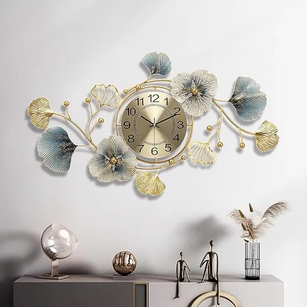 Gold_And_Blue_Decorative_Ginkgo_Leaf_Wall_Clock_&_Floral_Design
