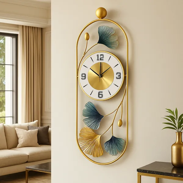 Gold_And_Silver_Ginkgo_Leaf_Wall_Clock_With_Decorative_Metal_Frame