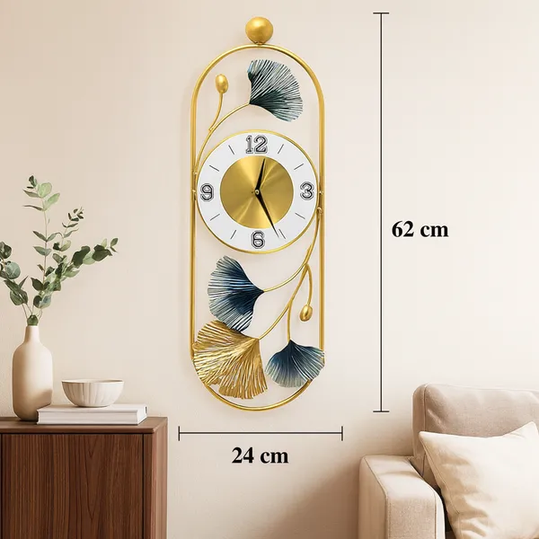 Gold_And_Silver_Ginkgo_Leaf_Wall_Clock_With_Decorative_Metal_Frame