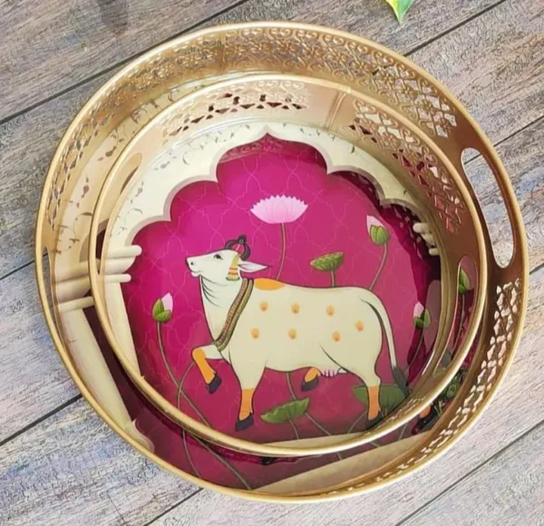 Gold_Decorative_Brass_Tone_Serving_Tray_Set_With_Cow_And_Lotus_Motif