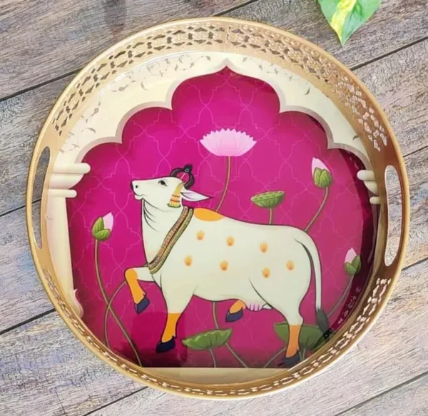 Gold_Decorative_Brass_Tone_Serving_Tray_Set_With_Cow_And_Lotus_Motif