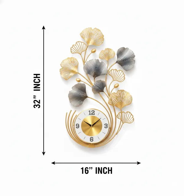 Gold_And_Silver_Decorative_Ginkgo_Leaf_Wall_Clock_&_Silver_Metal_Art_Design