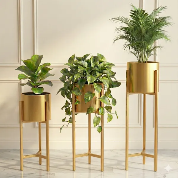 Gold_Finish_Metal_Plant_Stands_With_Cylindrical_Planters