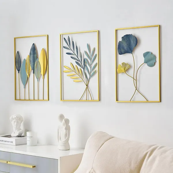 Gold_Piece_Metal_Wall_Art_Set_Botanical_Leaf_&_Floral_Design_Withframe