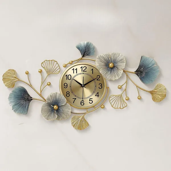 Gold_And_Blue_Decorative_Ginkgo_Leaf_Wall_Clock_&_Floral_Design
