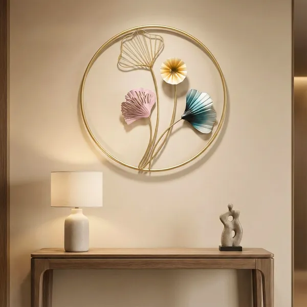 Gold_Metal_Wall_Art_Ginkgo_Leaf_Floral_Design_In_Circularframe