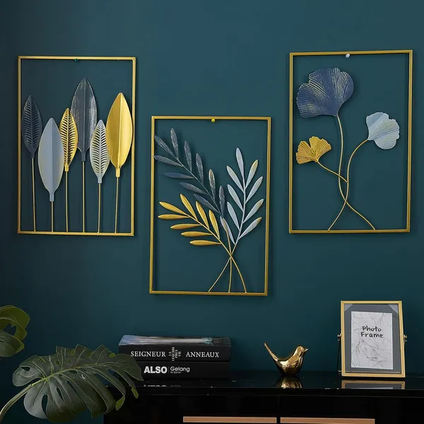 Gold_Piece_Metal_Wall_Art_Set_Botanical_Leaf_&_Floral_Design_Withframe