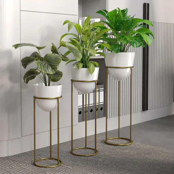 Gold_And_White_Modernmetal_Plant_Stands_Withceramic_Pots