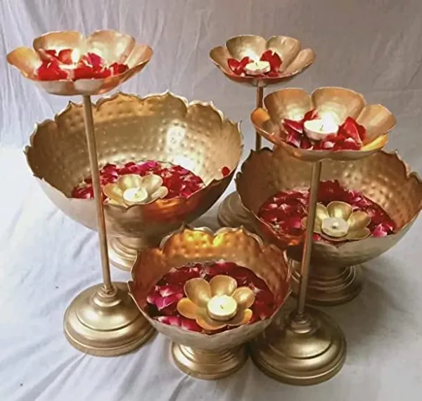Gold_Decorative_Brass_Floating_Diya_Stand_Set_With_Flower_Holders