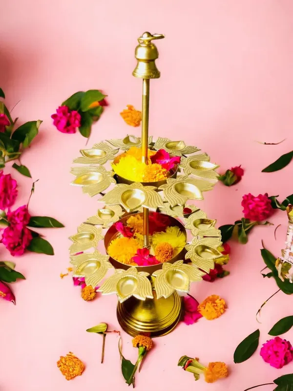 Brass_Two_Tier_Peacock_Feather_Design_Pooja_Flower_Stand_With_Bell_Top