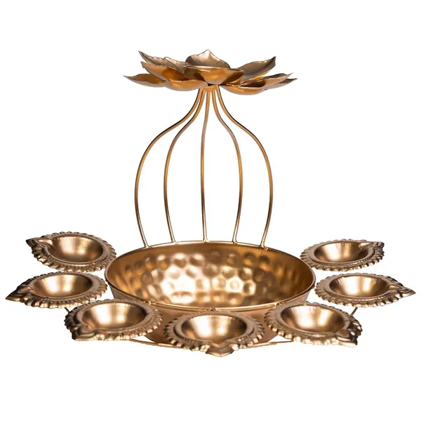 Gold_Decorative_Brass_Diya_Stand_With_Lotus_Design_8_Tea_Light_Holders