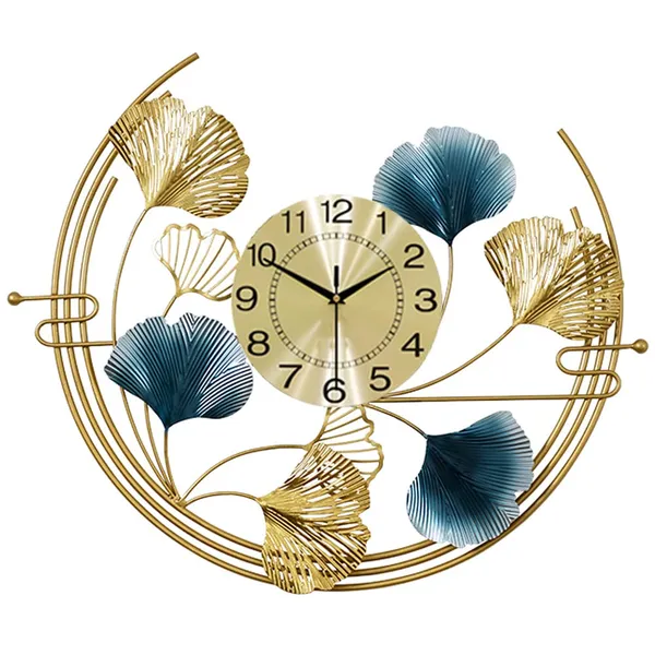 Gold_And_Blue_Luxury_Ginkgo_Leaf_Wall_Clock_&_Metal_Art_Decor