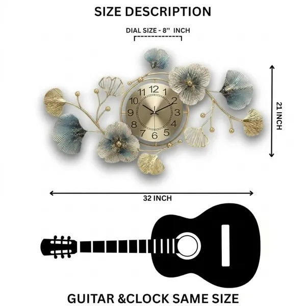 Gold_And_Blue_Decorative_Ginkgo_Leaf_Wall_Clock_&_Floral_Design