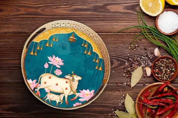 Gold_Decorative_Round_Serving_Tray_With_Sacred_Cow_And_Lotus_Design