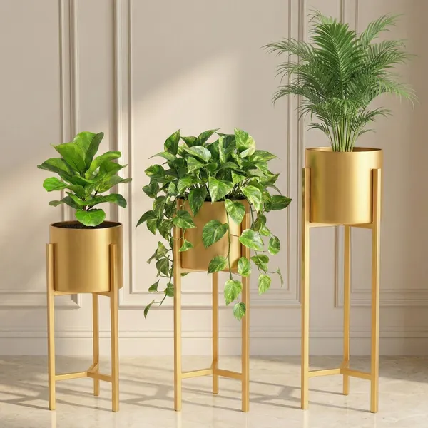 Gold_Finish_Metal_Plant_Stands_With_Cylindrical_Planters