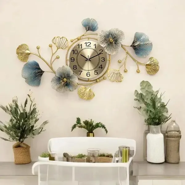 Gold_And_Blue_Decorative_Ginkgo_Leaf_Wall_Clock_&_Floral_Design