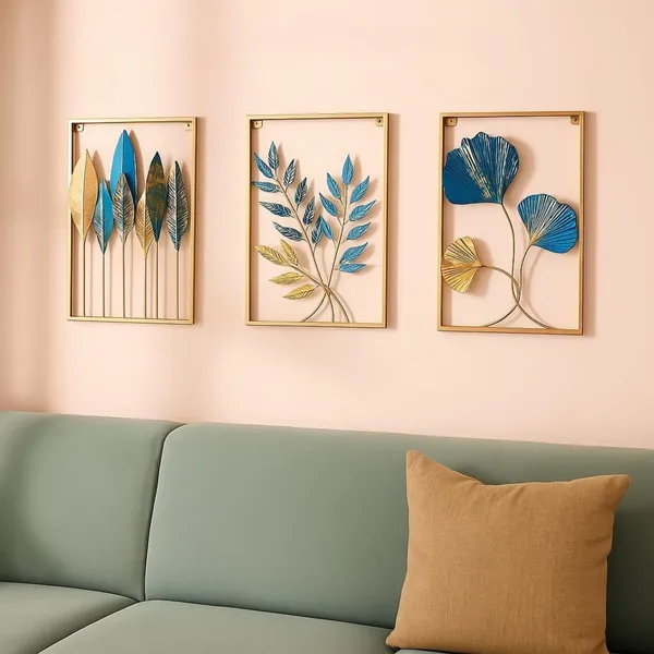 Gold_Piece_Metal_Wall_Art_Set_Botanical_Leaf_&_Floral_Design_Withframe
